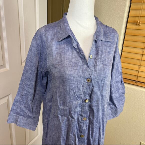 Fog Linen Work Blue Chambray Button Down 100% Linen Shirt Dress. - Picture 2 of 8